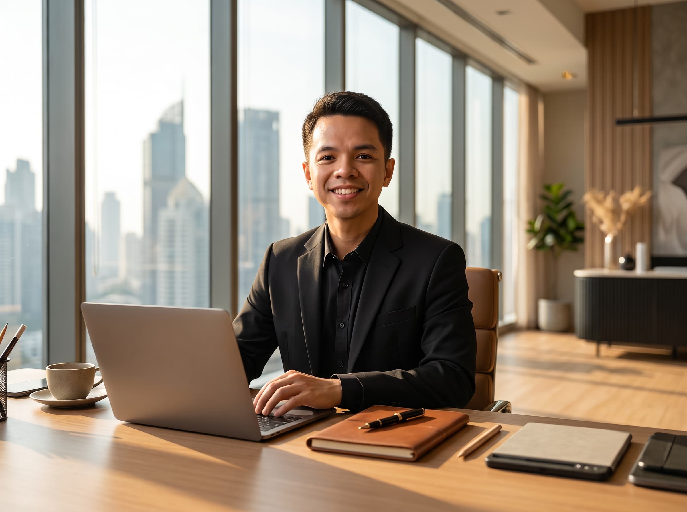 Professional workspace portrait ready for collaboration
