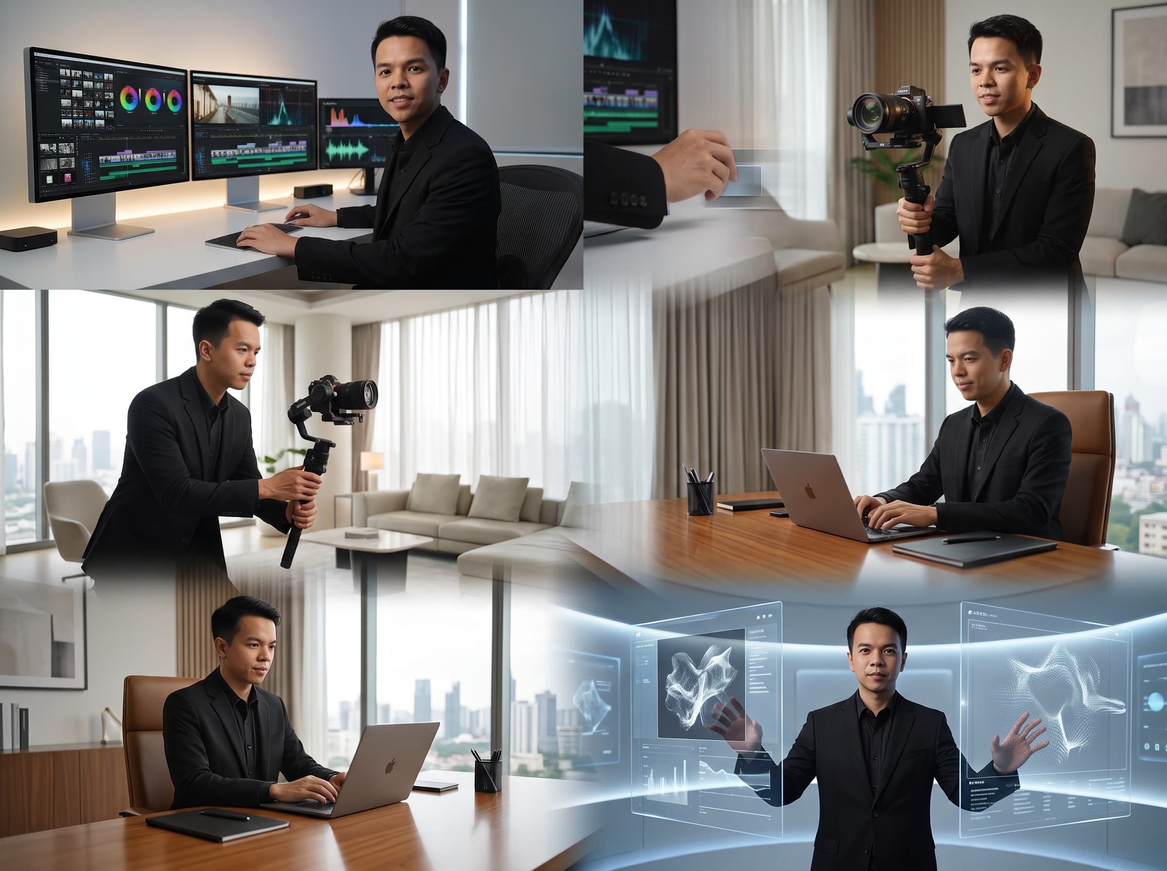 Professional creative and administrative work scenes with video editing and content production