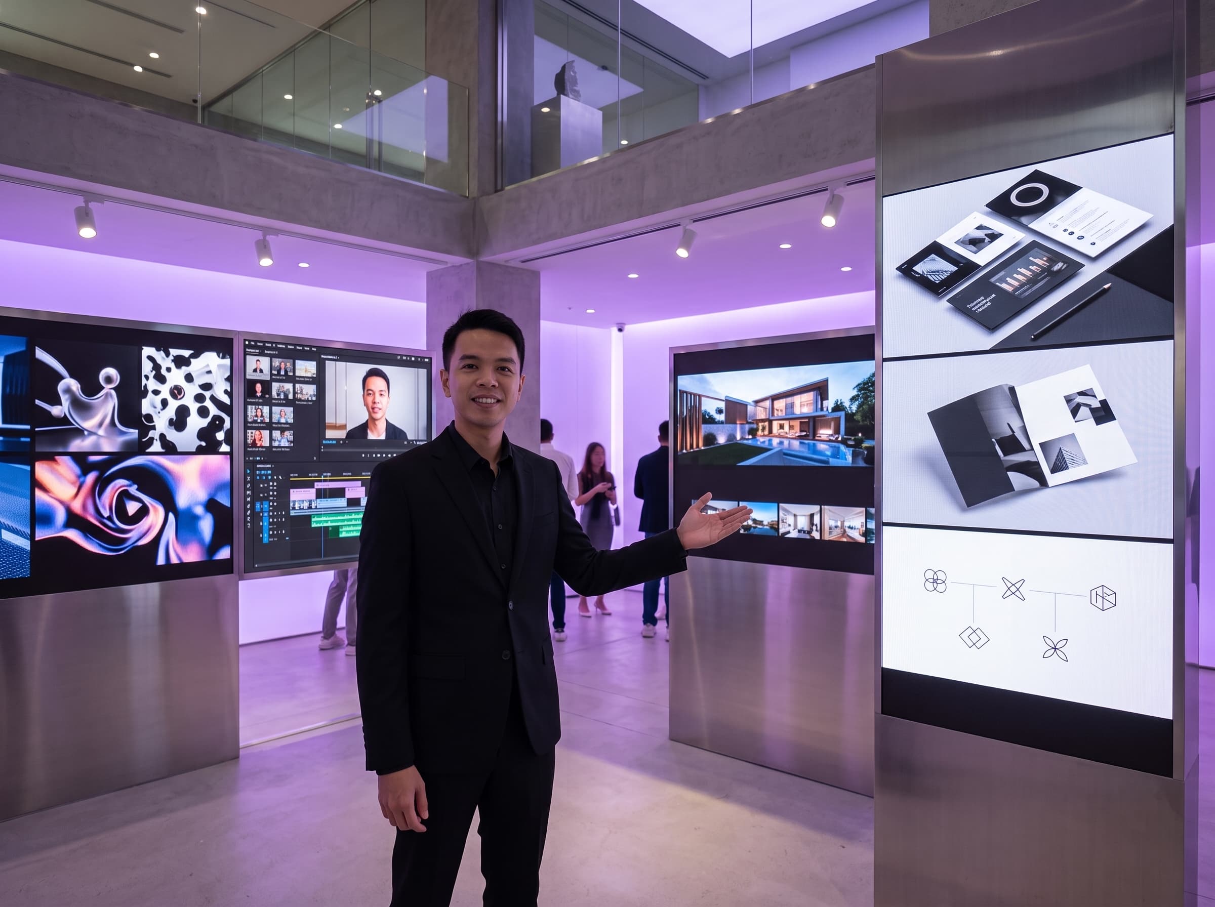 Creative portfolio showcase with video editing, real estate visuals, and design presentation panels