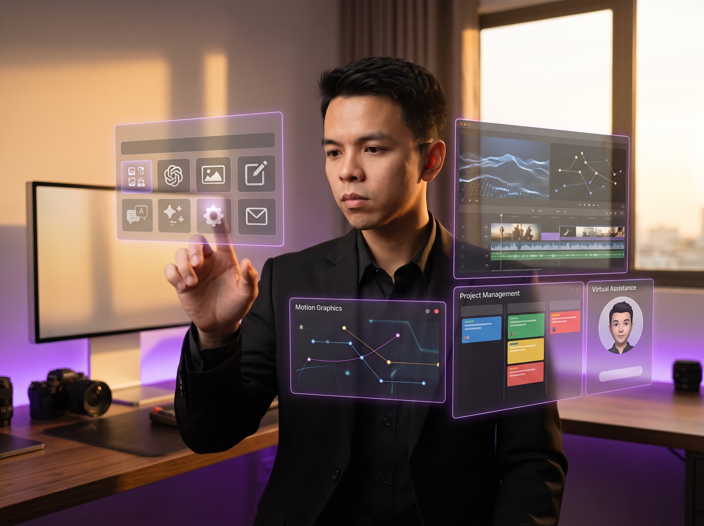 AI-assisted creative workflow panels for video editing, motion graphics, project management, and virtual assistant support